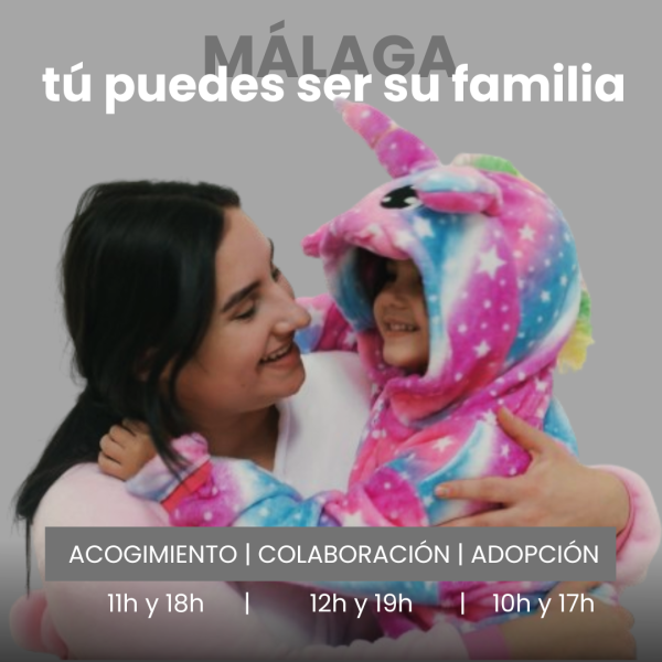 Mujer abrazando a niña, ambas en pijama. Un mensaje de "tú puedes ser su familia"