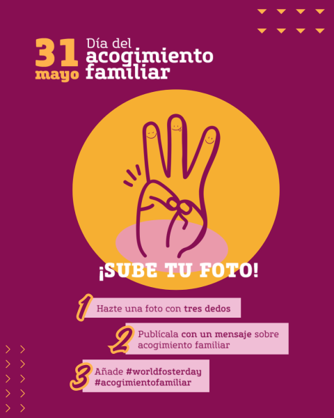 Imagen con tres dedos y un texto que explica los tres pasos que hay que hacer para participar en el Día del Acogimiento Familiar en redes sociales