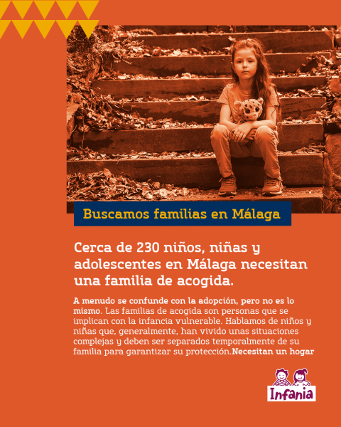 Imagen que informa sobre qué es el acogimiento familiar (como en el texto de la web) y también sobre que 230 niños, niñas y adolescentes de Málaga necesitan un hogar.