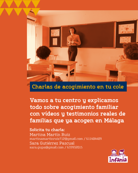 Imagen con datos para solicitar las charlas de acogimiento familiar en los centros. Vienen dos contactos: Martina Martín Ruiz / martinamartinruiz712[@]gmail.com / 611404409 Sara Gutiérrez Pascual / sara.gupa[@]gmail.com / 633932015